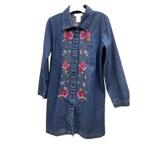 Susan Graver Women's Size M Floral Embroidered Button Front Jean Dress